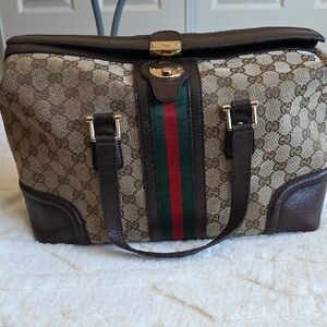 Vintage Tan and Brown Mini Duffel Bag with Green and Red Stripes